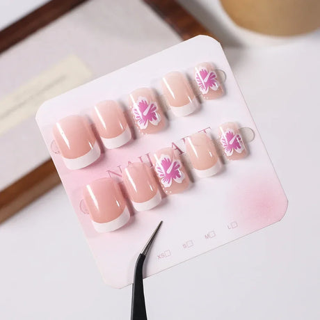 24Pcs Short Square Pink Floral French Press On Nails Clear Base Hand Drawn Flower Reusable With Adhesive Glue For Women Daily Party DIY Spring Summer Manicure Supply