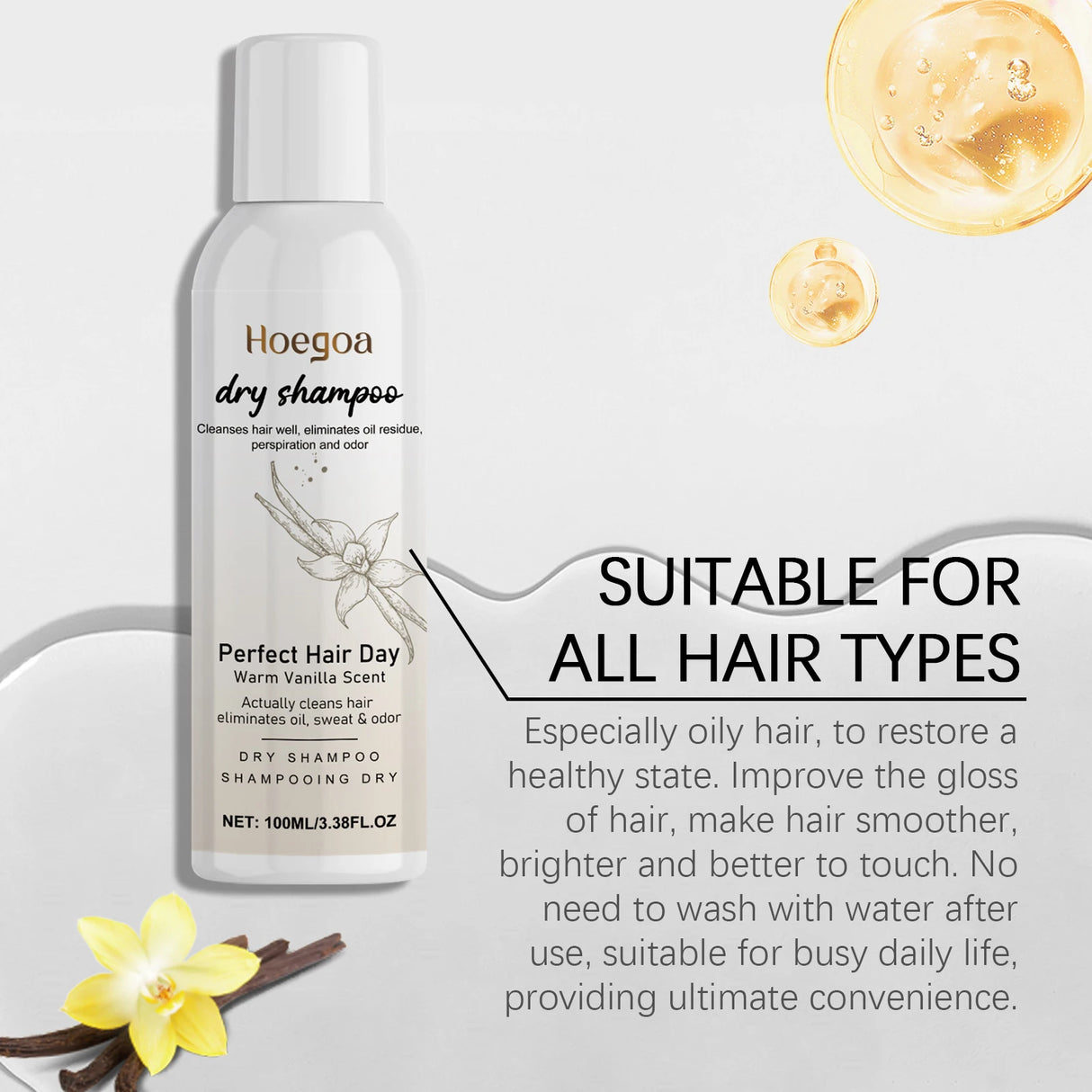 Vanilla Scented Dry Shampoo Spray Oil Absorbing Volumizing Hair Refresh Instant Clean No Water Needed Travel Size 100ml