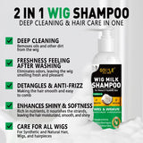 GOIPLE Natural Coconut Oil Wig Milk Shampoo Smooth Repair Moisturizes Frizzy Hair for Wigs Wave 2 in 1 Wig Wash Care Product