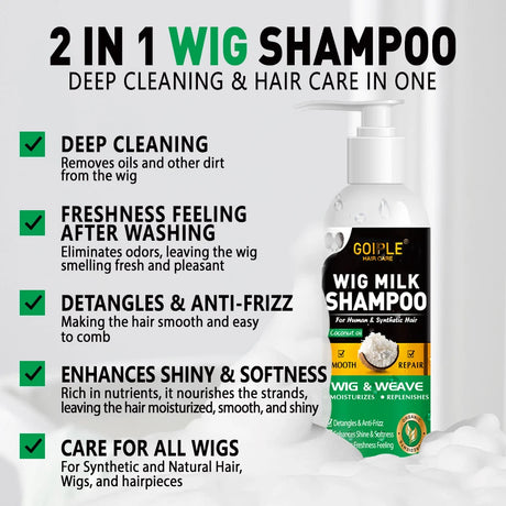 GOIPLE Natural Coconut Oil Wig Milk Shampoo Smooth Repair Moisturizes Frizzy Hair for Wigs Wave 2 in 1 Wig Wash Care Product