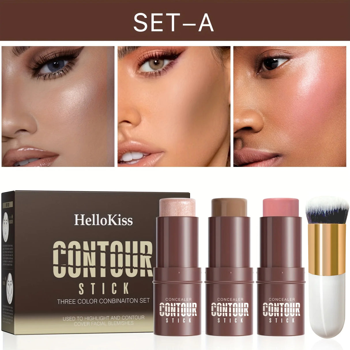 4pcs Contour Stick, Highlighter Stick, Blush Stick 4pcs Cream Contour Kit with Contour Brush, Create Face Contour, Non-greasy