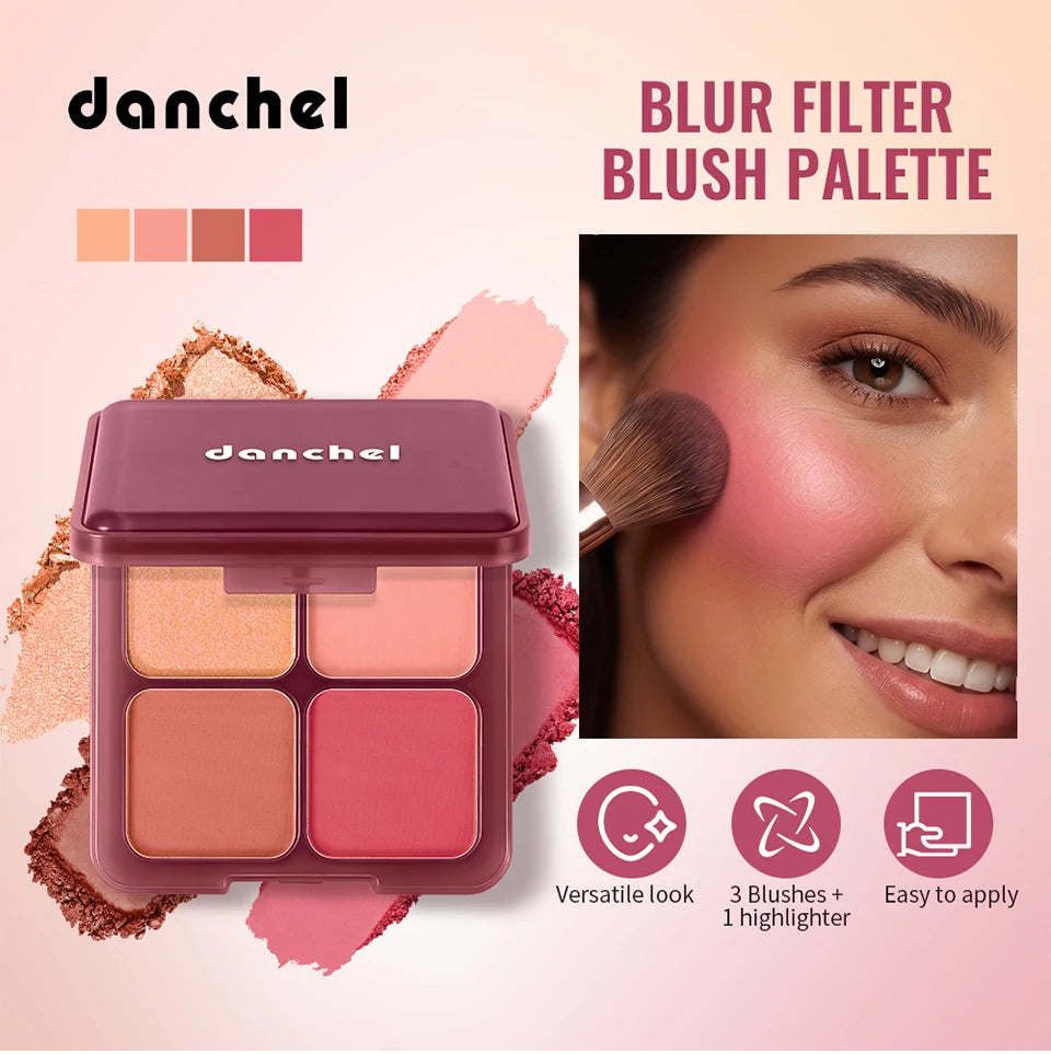 4 Shades Blush Palette Matte & Shimmer Two Textures Rich Pigment Long-wear Soft Blur Finishing Compact Blush Daily Cheek Makeup