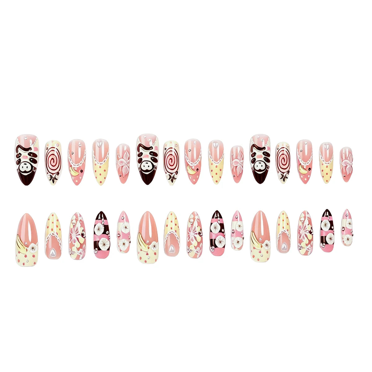 30pcs Japenese Series False Nail Cute Cartoon Monkey Flower Heart Pearl Decor Press On Nails Sweet Ballet French Style Fake Nail