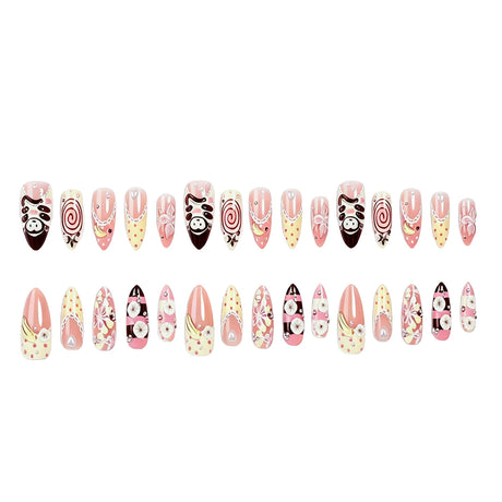 30pcs Japenese Series False Nail Cute Cartoon Monkey Flower Heart Pearl Decor Press On Nails Sweet Ballet French Style Fake Nail