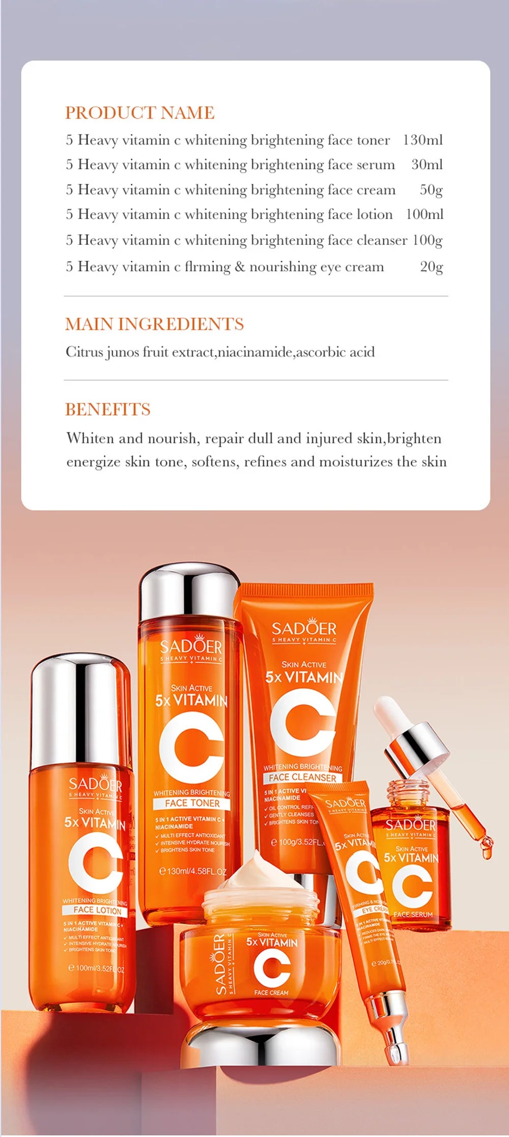 Vitamin C Skincare 6-Piece Gift Set Whitening Brightening Moisturizing And Firming – All In One A Perfect Holiday Christmas Gift
