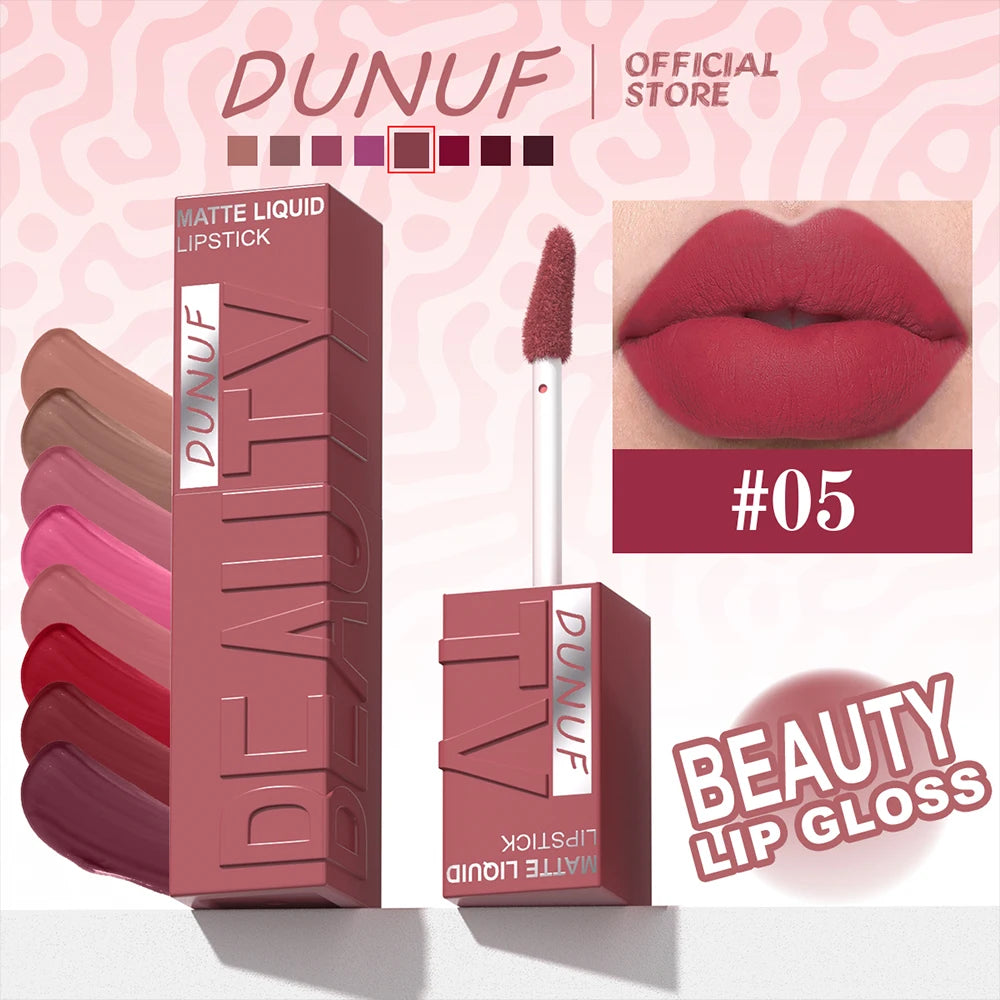 DUNUF Matte Velvet Lip Gloss, 3D Plumping & Waterproof, Square Tube Lipstick, Easy Application, 8 Shades (All-in-One)