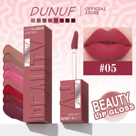 DUNUF Matte Velvet Lip Gloss, 3D Plumping & Waterproof, Square Tube Lipstick, Easy Application, 8 Shades (All-in-One)