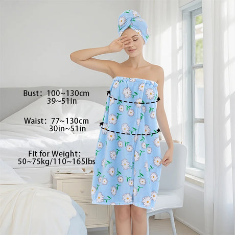 2 Pcs Combination Set Bath Skirt + Shower Cap Daisy Pastoral Style Wearable Bath Towel Skirt  Hair Wrap Flower Soft & Absorbent