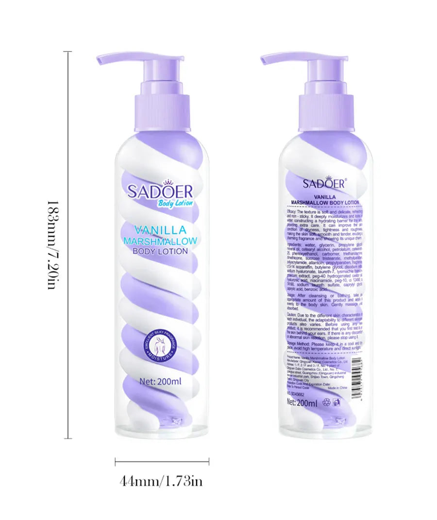 Vanilla Marshmallow Body Lotion Smooths and Refines Skin, Improves Dryness, Tightness, and Roughness, and Moisturizes the Skin.