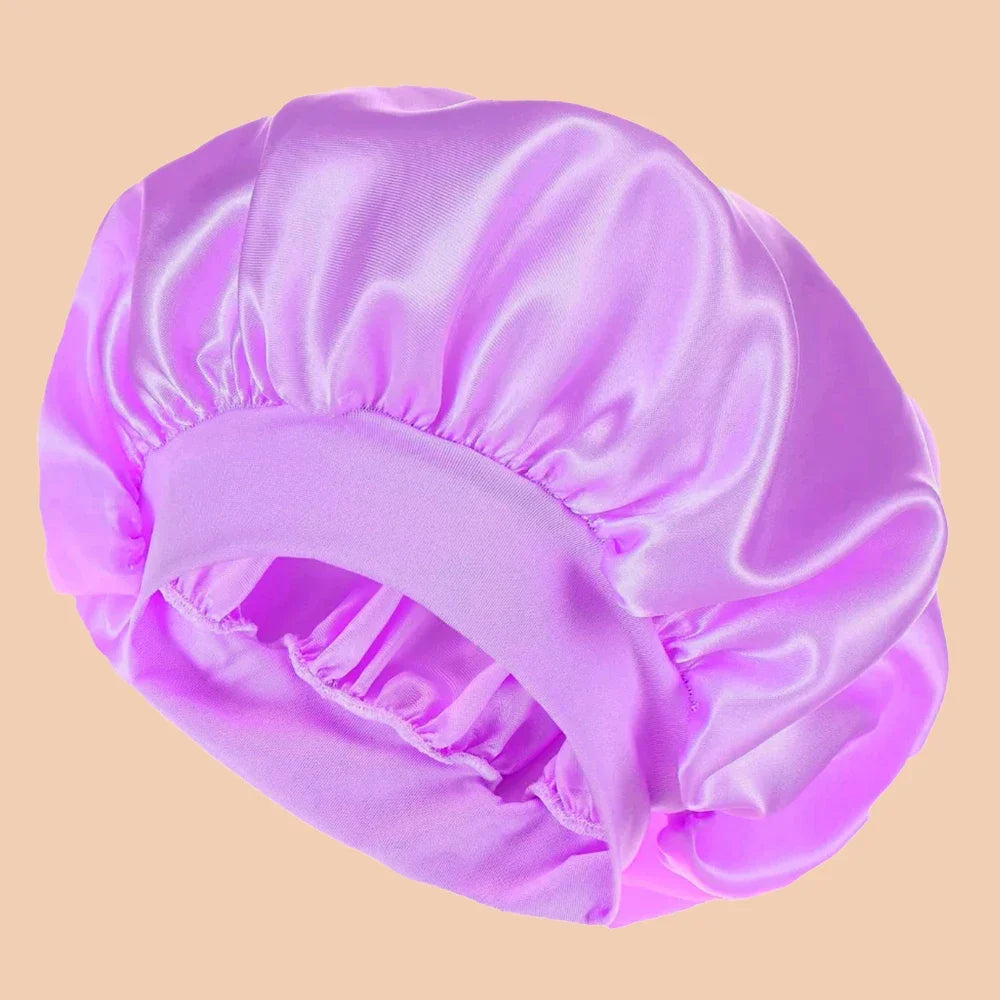 1Pc Women Wide Brim Satin Bonnet, Solid Color Waterproof Shower Cap Soft Silk Hair Protection Hat