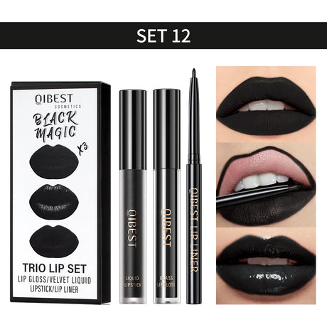QIBEST Hots 3pcs Liquid Lipstick And Lip Liner Makeup Sets Nude Velvet Lip Gloss Lip Tint Lasting Black Lip Glaze Cosmetics Kits