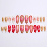 24PCS Juicy Red Cherry Hand Painted Press on Nails Vivid French Border Jelly Clear Almond Shape Fake Nails Summer Vibe