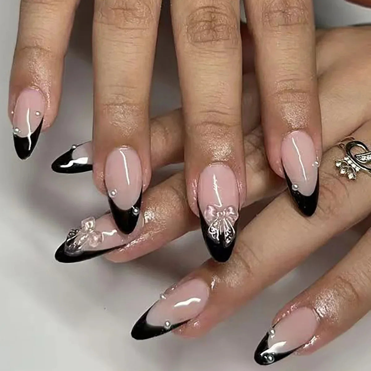 24Pcs Almond Blush Press On Nails Sweet Heart Diamond Cute Bow European American Style Self Adhesive Reusable False Nails For Women Girls Daily Party Manicure Supply