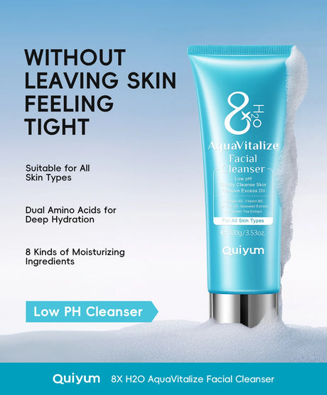 Quiyum 8X H2O AquaVitalize Facial Cleanser 100g Gentle Daily Cleansing Oil Control Refreshing Face Wash for All Skin Types