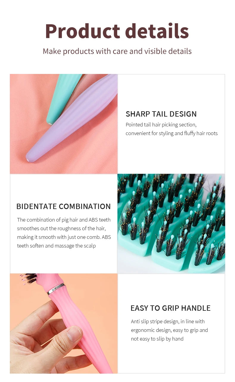 1pcs Curved Vented Boar Bristle Comb Professional Scalp Massage Comb Detangling Curl Anti-static Hairbrush Salon Styling Tool