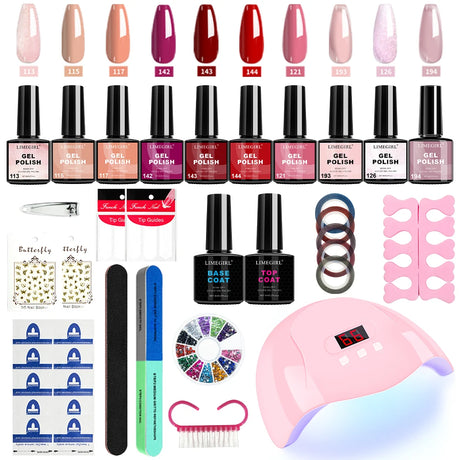 LIMEGIRL Gel Nail Polish Kit UV Soaking Gel Primer Polish Manicure Kit with UV LED Lamp Dryer Semi-Permanent Gel Varnish Kit