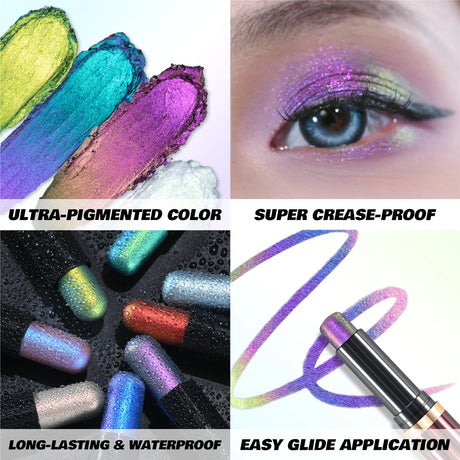 CHARMACY New Multichrome Eyeshadow Stick with Sponge Waterproof Long Lasting Glitter Eye Professional Maquillaje for Women