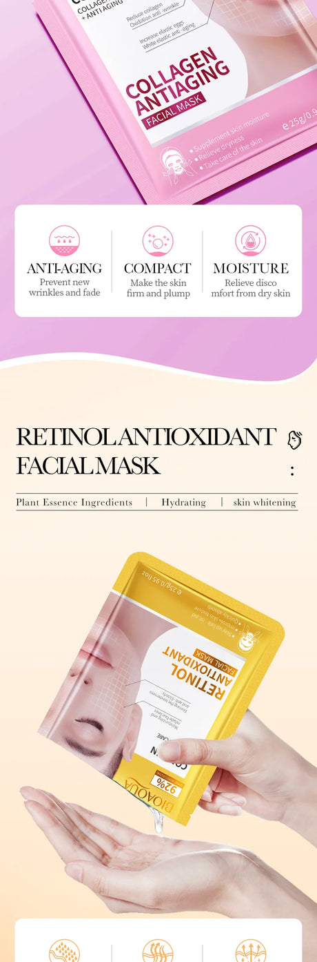 15pcs BIOAQUA Retinol Collagen Facial Masks Firming Moisturizing Nourishing Hydrating Face Mask Facial Skin Care Products