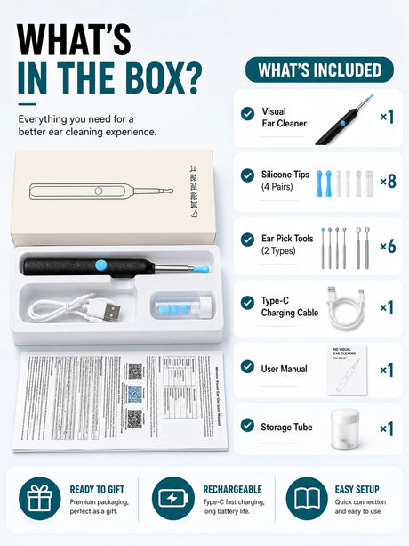 Visual Ear Wax Remover 1080P HD Camera USB-C Rechargeable Ear Cleaner IP67 Waterproof Otoscope with 6 LED Lights for Adults Kids