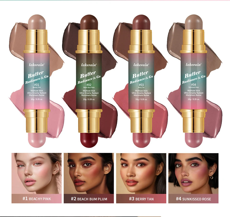Butter Glow & Go Multiuse Stick Double-Headed Bronzer Blush Stick for Cheeks Contours Light Glossy Bronze&Pink Blusher Cosmetics