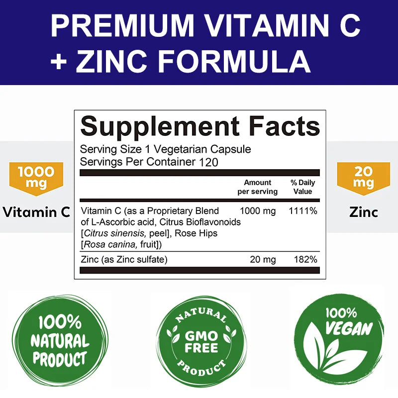 Alxfresh Vitamin C 1000mg with Zinc 20mg | Vitamin Dietery Supplement | Non-GMO & Gluten Free Vegan | for Immune Support Caps