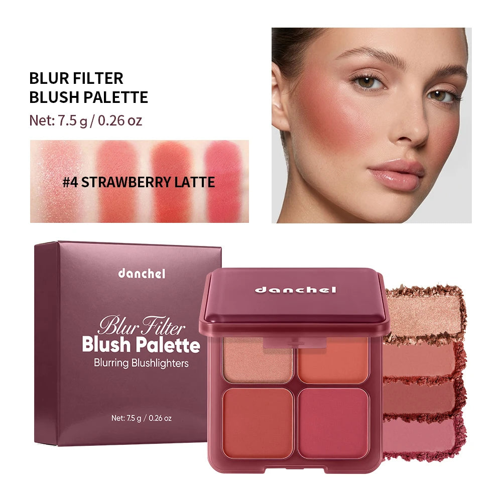 4 Shades Blush Palette Matte & Shimmer Two Textures Rich Pigment Long-wear Soft Blur Finishing Compact Blush Daily Cheek Makeup