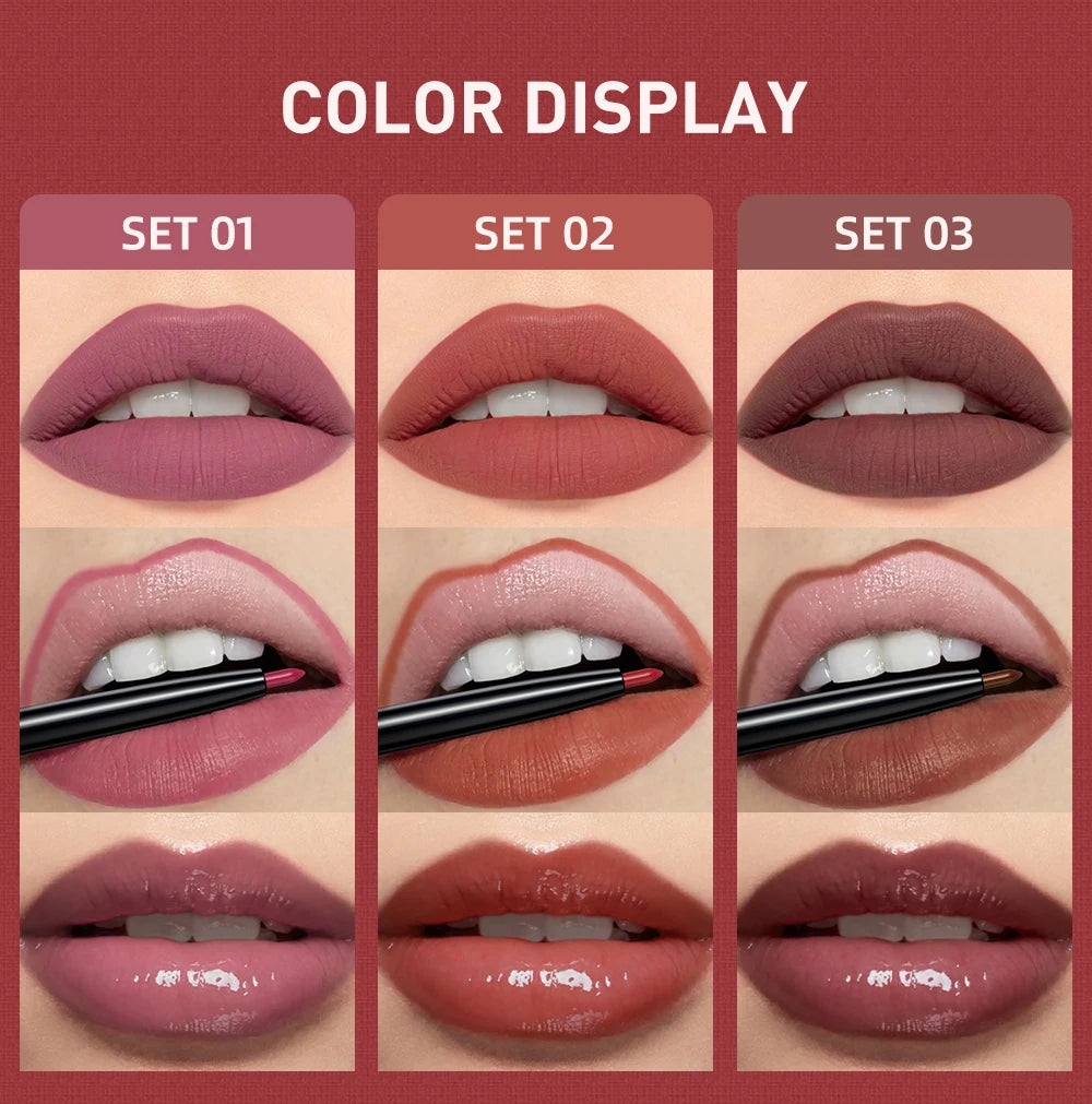 QIBEST 3pcs/set Liquid Lipstick+Lip Liner Lasting Black Brown Purple Red Matte Lip Gloss Nude Lip Stain Tint Makeup Lip Pencil