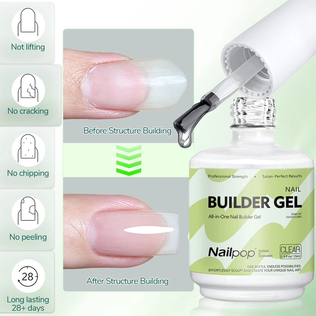 Nailpop 15ml Builder Gel Nail Polish for Nail Apex & Extension Strengthener Upgraded Soak Off UV Gel Rhinestone Glue 4 Colors
