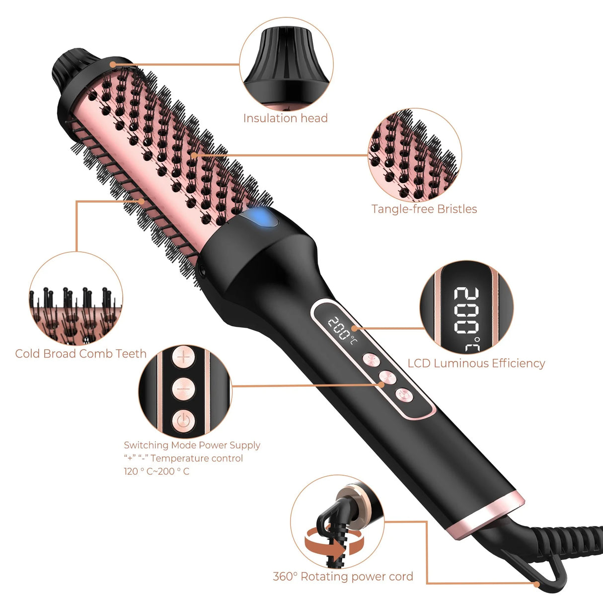 3 in1 Thermal Brush Ionic Heated Round Brush Ionic Hair Curler/Straightener with Anti-Scald Hair Curling Iron Hair Styling Tools