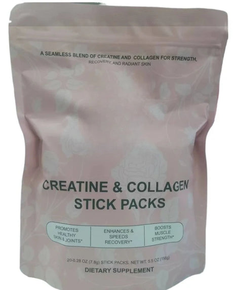 Creatine & Collagen Powder Stick Packs Supports Strength Recovery & Skin Health – Daily Nutrition Supplement  20Servings Per Bag