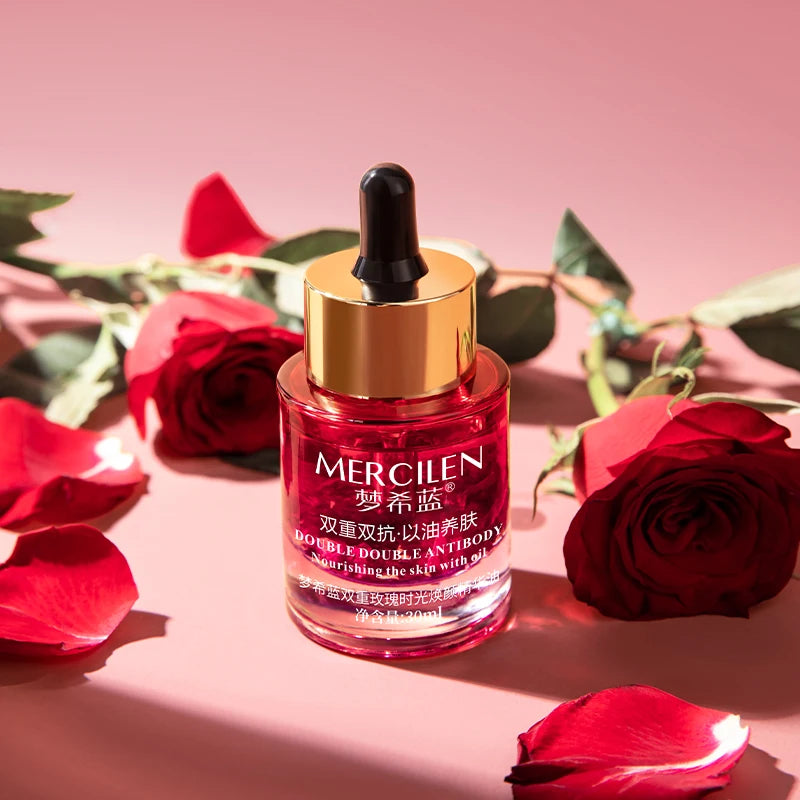Mercilen Double Rose Time Revitalizing Essence Oil 30ml, Moisturizes, Nourishes, and Firms the Skin, Daily Facial Skin Care Essence, Makes Skin Look Younger, Contains Rose Essential Oil and Plant-Based Squalane, Suitable for