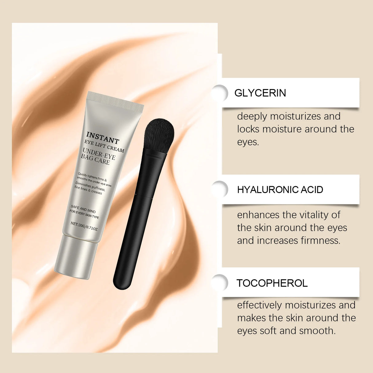 Instant Eye Care Cream With Brush Lasting Moisturizing Firming Smoothing Fine Lines Anti-Aging Eye Bag Removal Skin Care