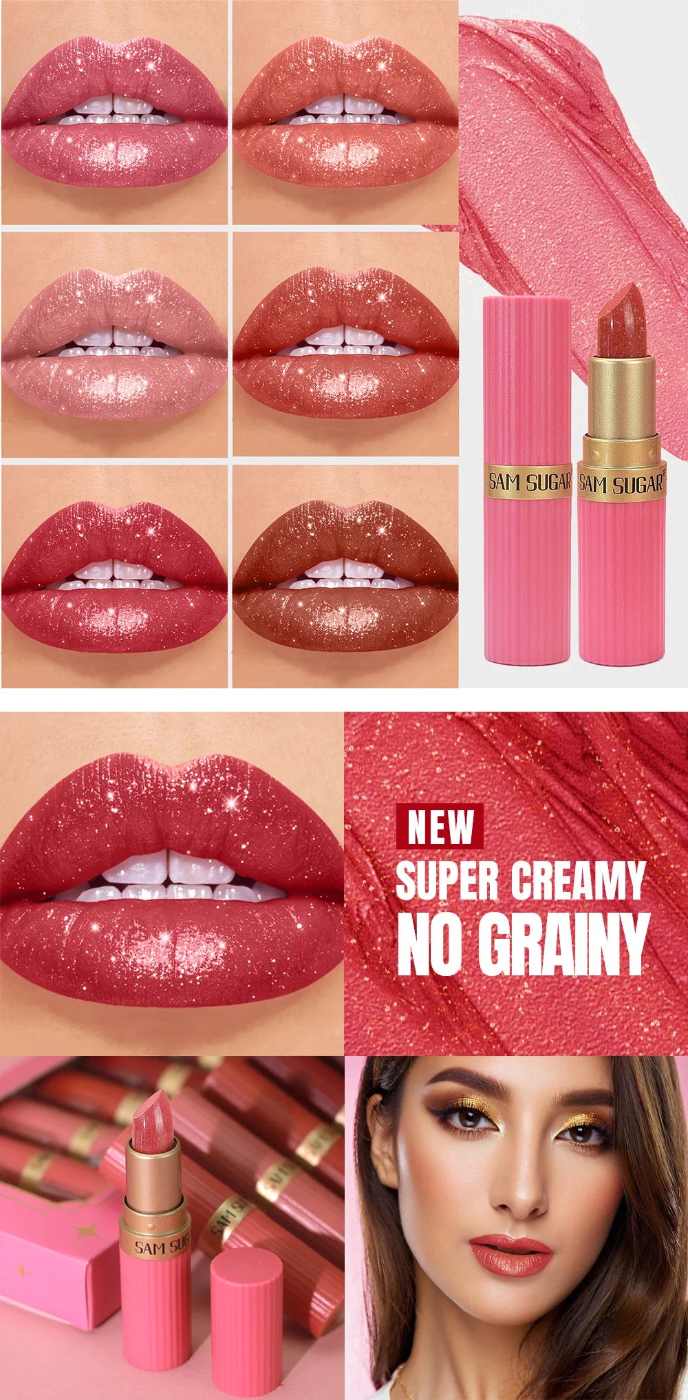 6pcs Diamond Pink Lipstick Set Chocolate Brown Metallic Glitter Long Lasting Shimmer Pearl Sparkling Lip Gloss Makeup