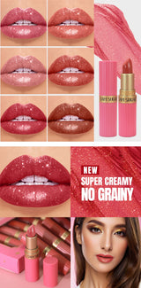 6pcs Diamond Pink Lipstick Set Chocolate Brown Metallic Glitter Long Lasting Shimmer Pearl Sparkling Lip Gloss Makeup