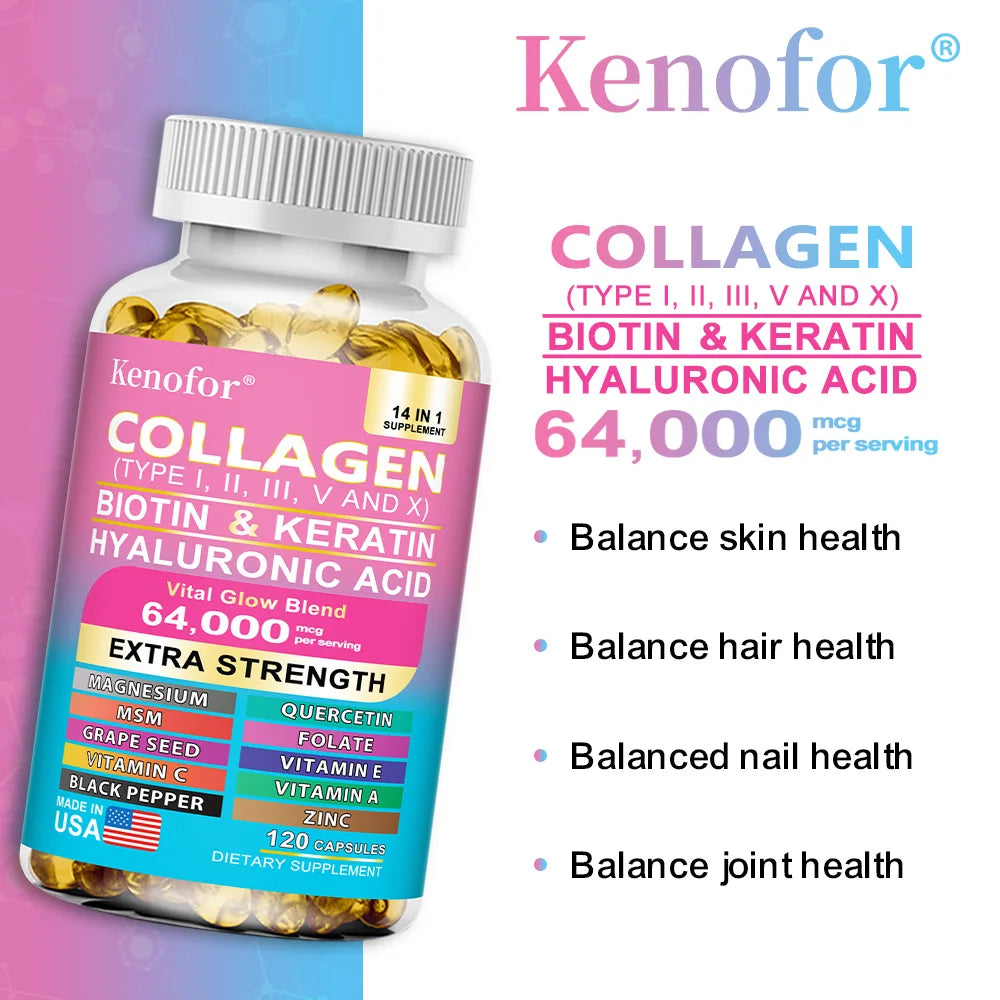 Multi Collagen Capsules - Types I, II, III, V & X Biotin Keratin Hyaluronic Acid MSM Zinc Magnesium,Hair Skin and Nails Vitamins