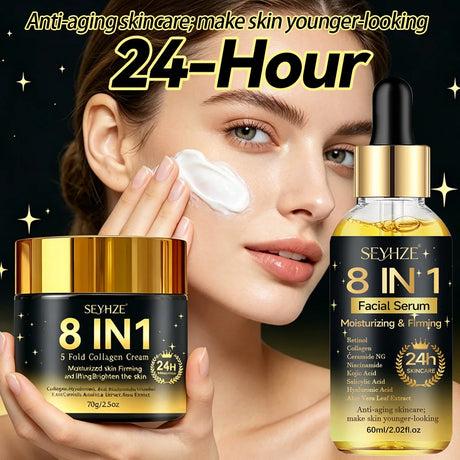 SEYHZE 8in1 Hydrating Facial Serum & Tightening Cream Set 2pcs Skincare Kit with Niacinamide Collagen Ceramides Aloe + Snow Aloe
