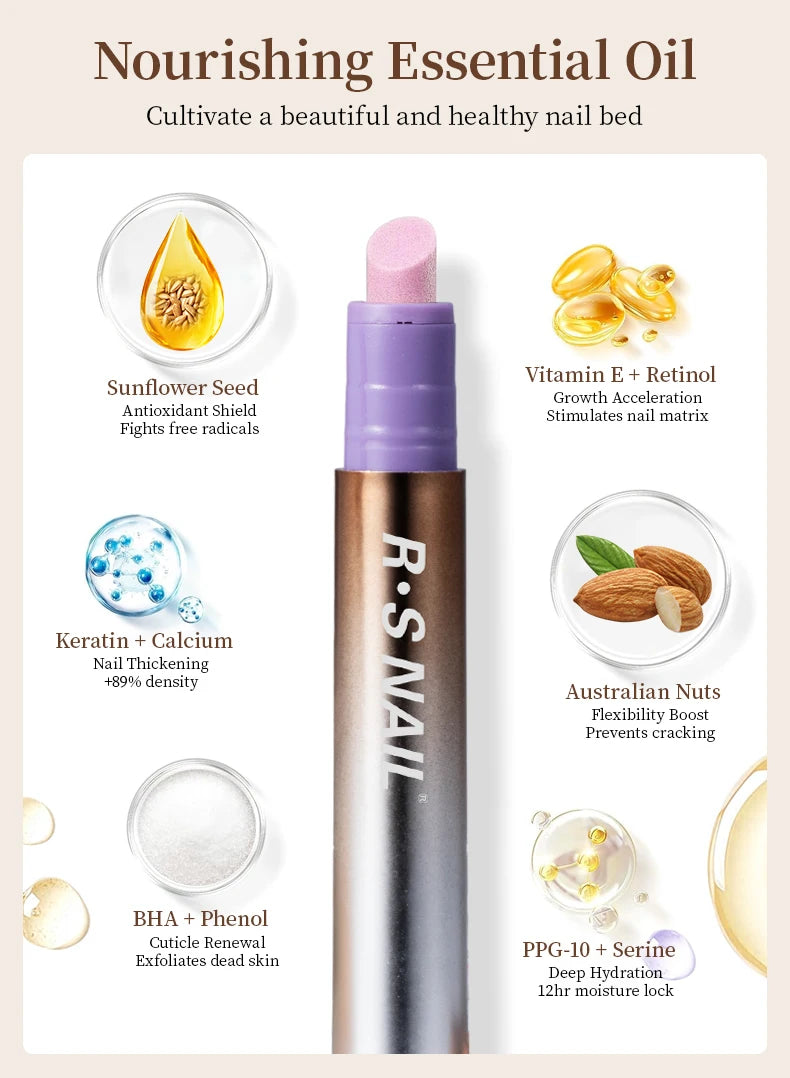 RSNAIL 3-in-1 Cuticle Oil Pen with Ceramic Nail Pusher for Hangnails Dry & Damaged Nails -Nail Care Pen for Repair & Nourishment