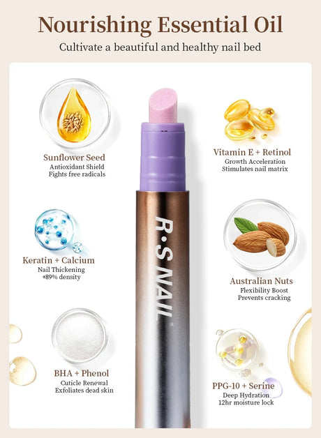 RSNAIL 3-in-1 Cuticle Oil Pen with Ceramic Nail Pusher for Hangnails Dry & Damaged Nails -Nail Care Pen for Repair & Nourishment