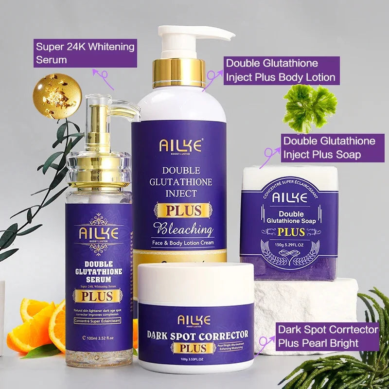 AILKE Double Glutathione Whitening Set For All Skin Types, Reduce Dark Spots, Melanin, Freckles, Chloasma, Even Skin Tone