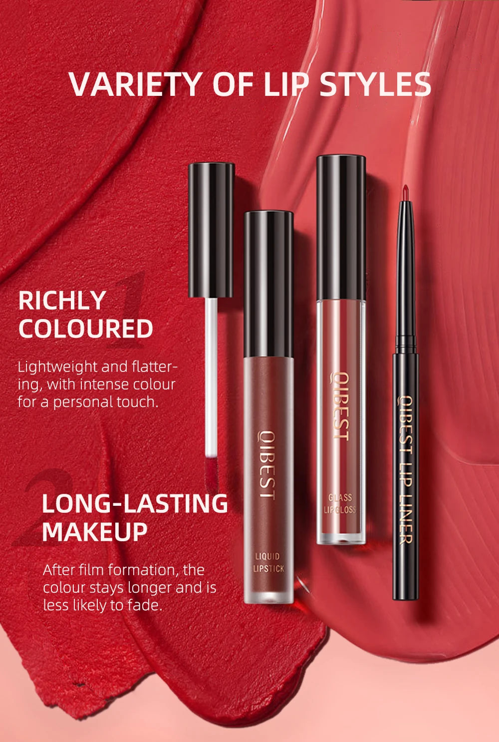 QIBEST 3pcs/set Liquid Lipstick+Lip Liner Lasting Black Brown Purple Red Matte Lip Gloss Nude Lip Stain Tint Makeup Lip Pencil