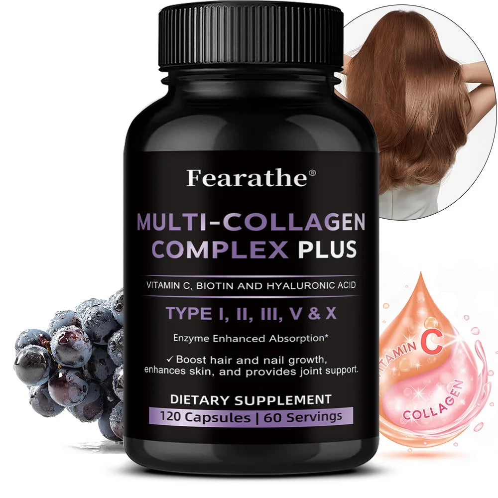 Multi Collagen Capsules, Type I/II/III/V/X Collagen, Biotin & Hyaluronic Acid, Support Skin Hair Nail Joint & Overall Wellness