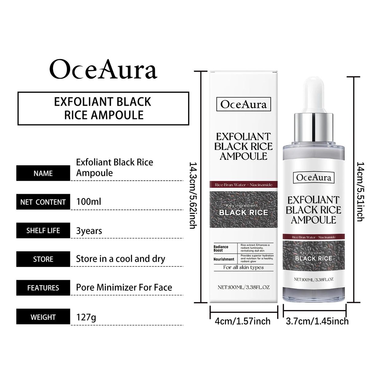 Black&White Rice Exfoliating Essence Dead Skin Remover Facial Glowing Replenisning Shrink Pore Hyaluronic Acid Brightening Serum