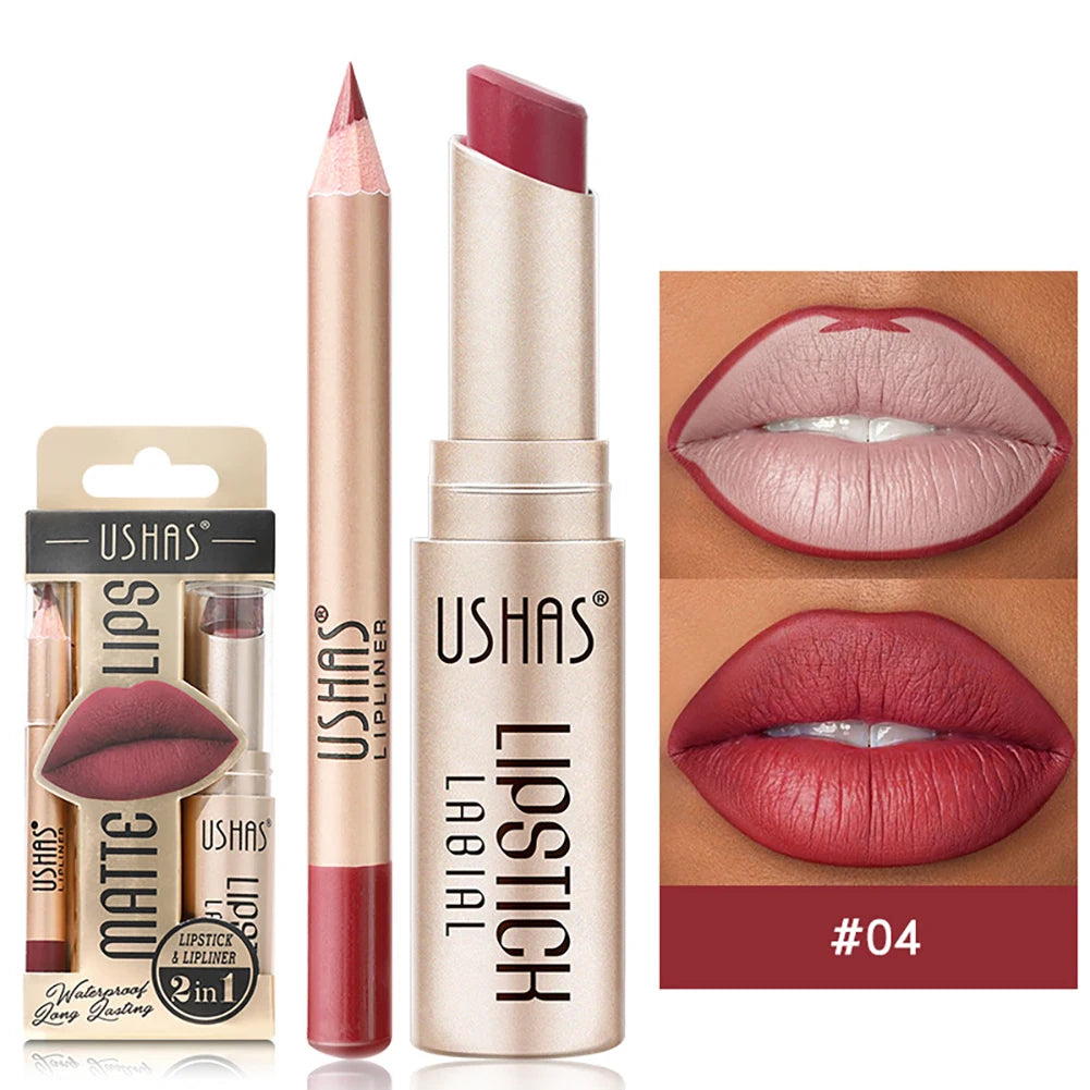 2-in-1 Lip Makeup Set, Matte Lipstick & Lip Liner Pencil, Nude Brown, Waterproof Long Lasting Tinted Lip Balm Contour Kit