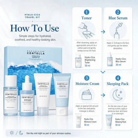 Centella Hyalu-Cica and Poremizing Travel Kit,Toner, Ampoule Serum,Face Moisturizer Cream and Night Sleeping Pack Mini 4pcs Set