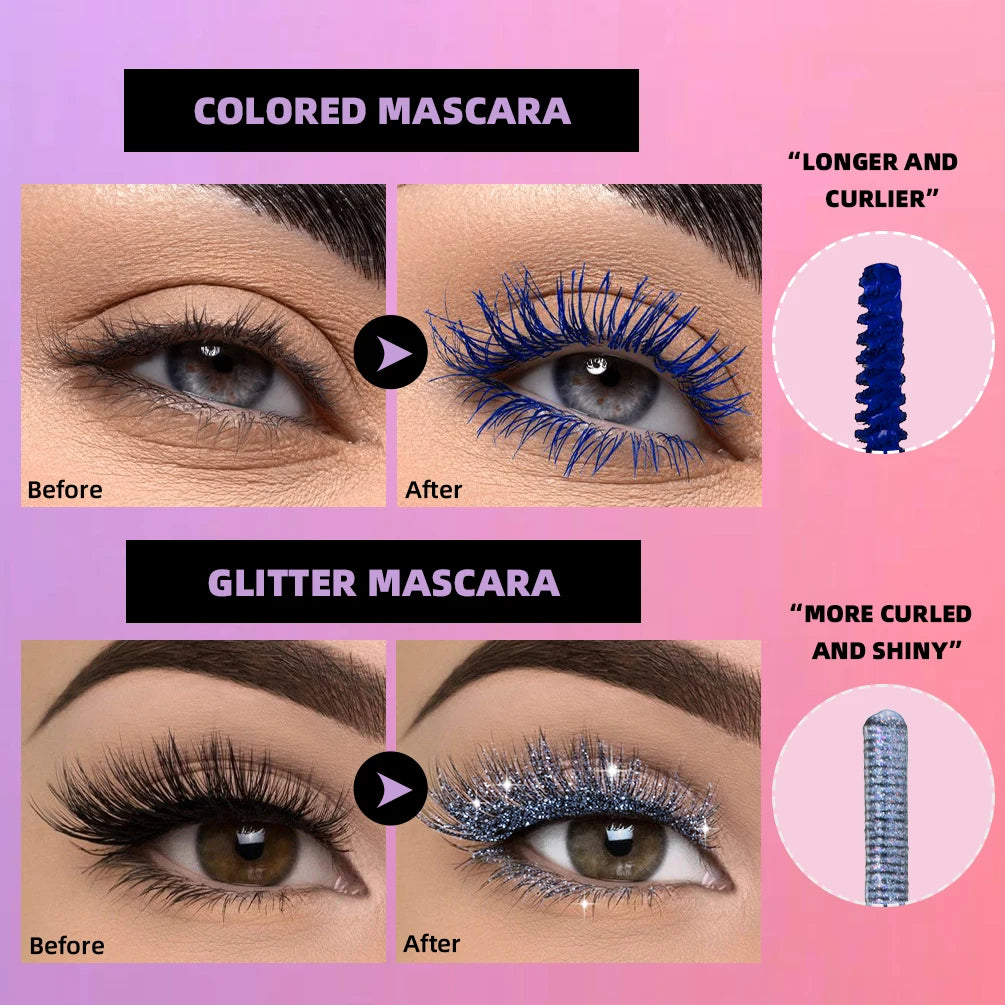 QIBEST Double Headed Diamond Glitter Mascara Long Lasting Colored Mascara Eyelashes Pink Blue Red Voluminous Waterproof Mascara