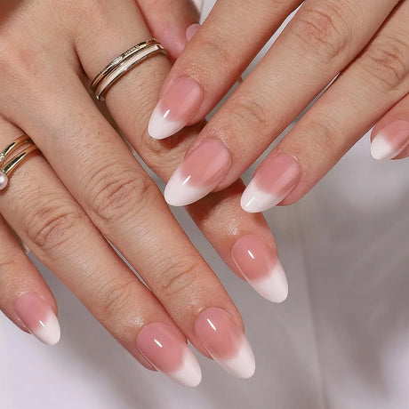 24pcs Upgrade Your Look With White Gradient Almond False Nails 1pc Nail File & 1Nail Glue Sticker Kit Nails