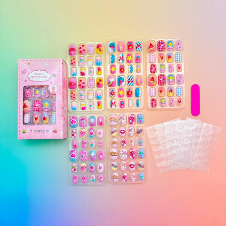 120Pcs Children's Press on Nails Kids Cartoon Acrylic Fake Nails Tips Kawaii Girl Full Cover Short False Nails With Jelly Glue#@