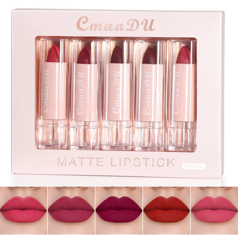 Velvet Matte Lipstick Set 5pcs Long Lasting Waterproof Red Nude Lipsticks Non Stick Cup Makeup Cosmetics Collection