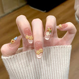 24pcs Cat's Eye Round Head Fake Nail with Mid-length Almond Deisgn Flower Pearl Stick on Nails Full Cover Detachable False Nail