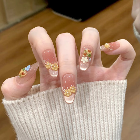 24pcs Cat's Eye Round Head Fake Nail with Mid-length Almond Deisgn Flower Pearl Stick on Nails Full Cover Detachable False Nail